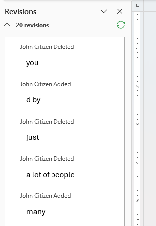 Reviewing pane showing track changes in Word